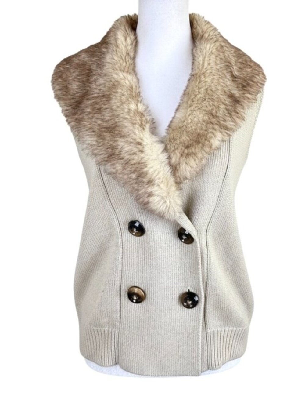 BCBG Paris Sweater Vest Beige Faux Fur Collar Double Breasted Cotton Blend (S)